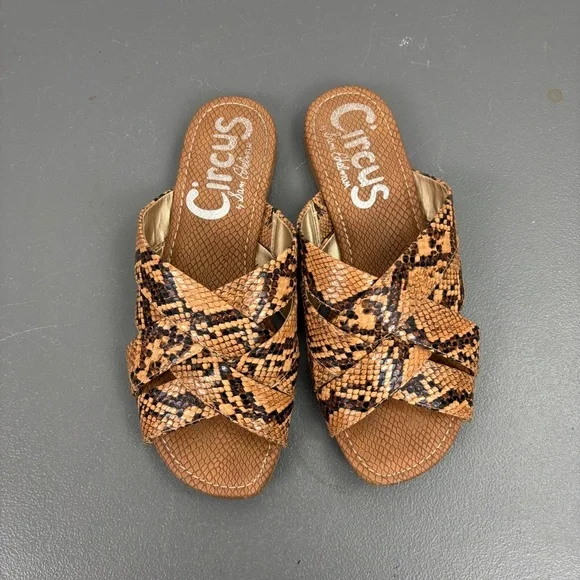 Circus by Sam Edelman Burnett Snakeskin Slip-On Sandals | Crisscross Slide Flats - Picture 3 of 7